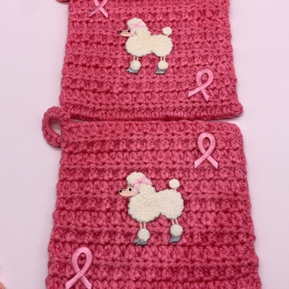 2 Vintage Pink poodle home-made crochet pot holders/hotpads for airfryer/oven 7" - Picture 3 of 10